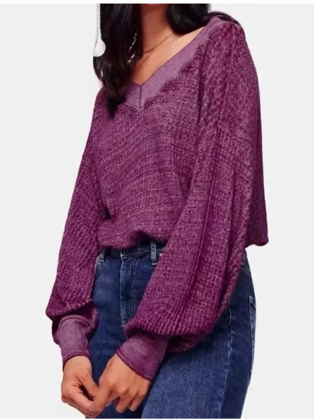 Free People Sheer Purple Plum V-Neck Long Sleeve Top/Sweater